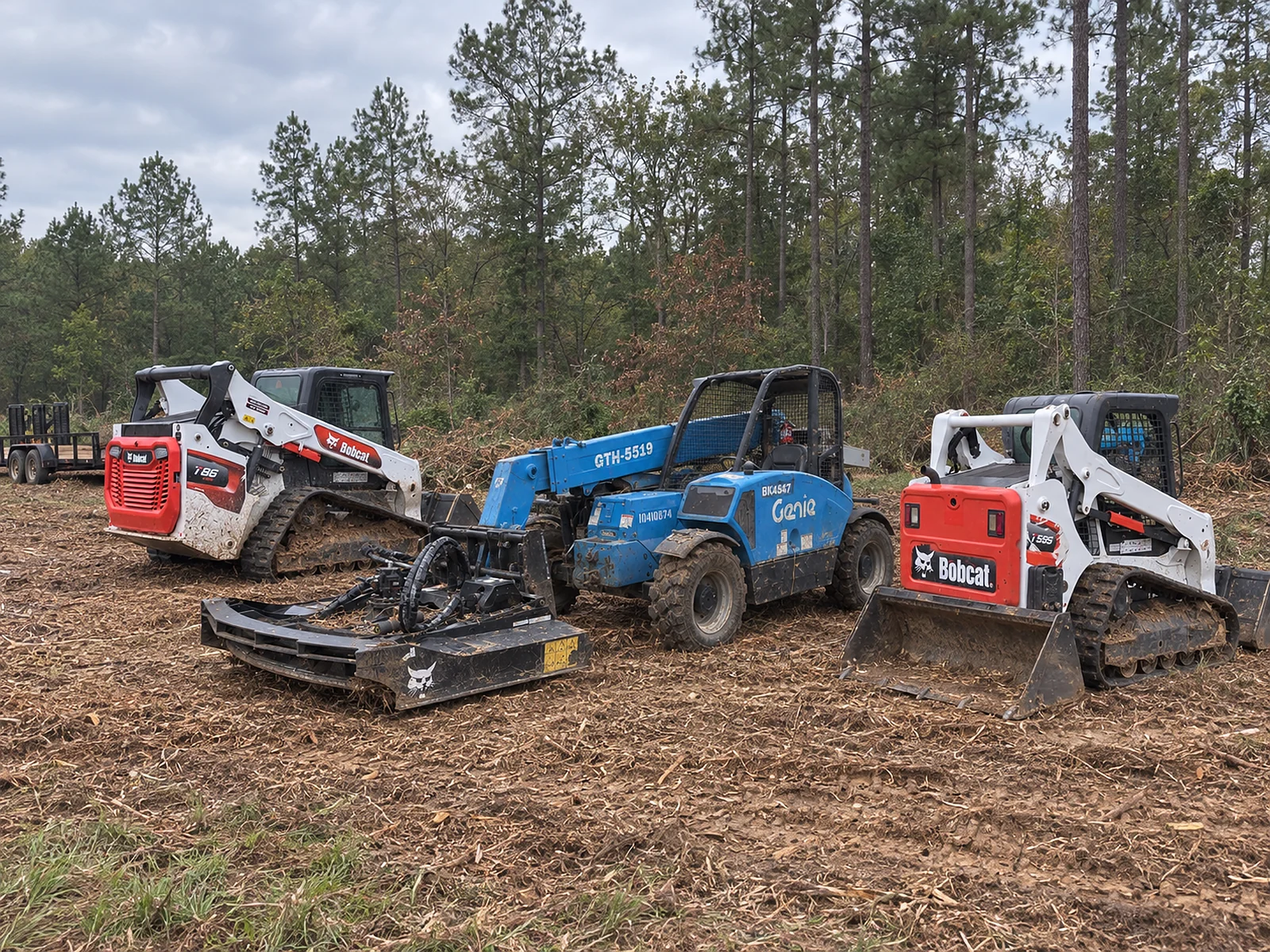 B&B’s Bobcat T86 and T595 skid steers and Genie GTH-5519 telehandler with its 88-inch brush cutter, parked on freshly mulched land with a gooseneck trailer behind