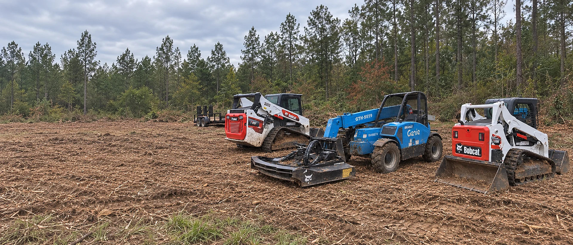 B&B’s Bobcat T86 and T595 skid steers and Genie GTH-5519 telehandler with its 88-inch brush cutter on freshly cleared land at sunset